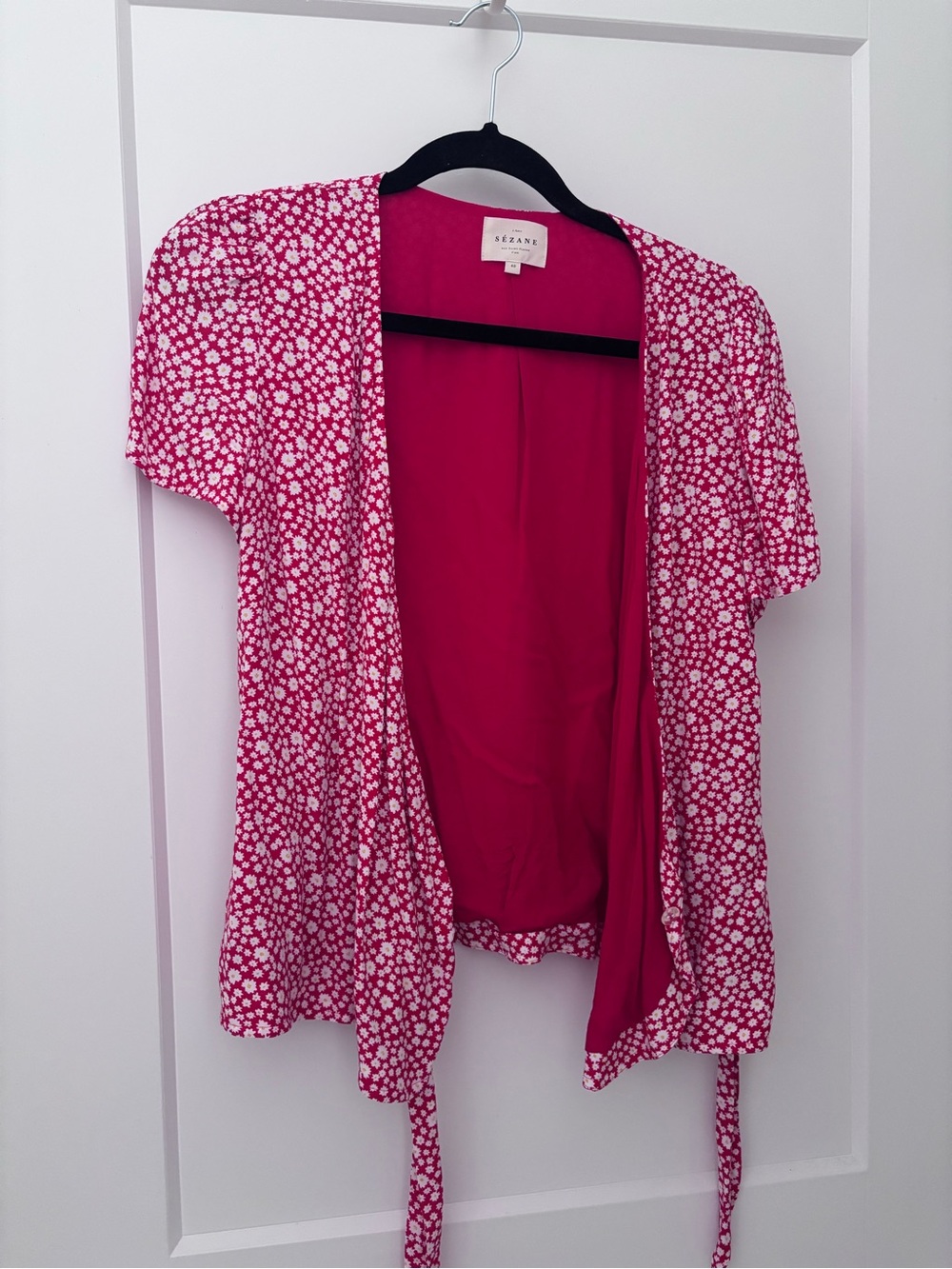 Sezane Fuchsia White Floral Short-Sleeve Wrap Blouse